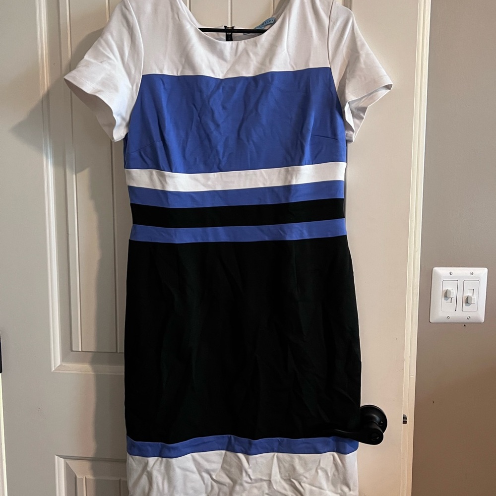 ANTONIO MELANI White and Blue Sheath Midi Dress